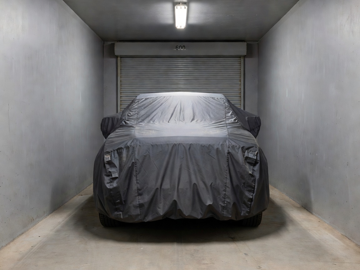 Covered vehicle positioned in a quiet private storage bay