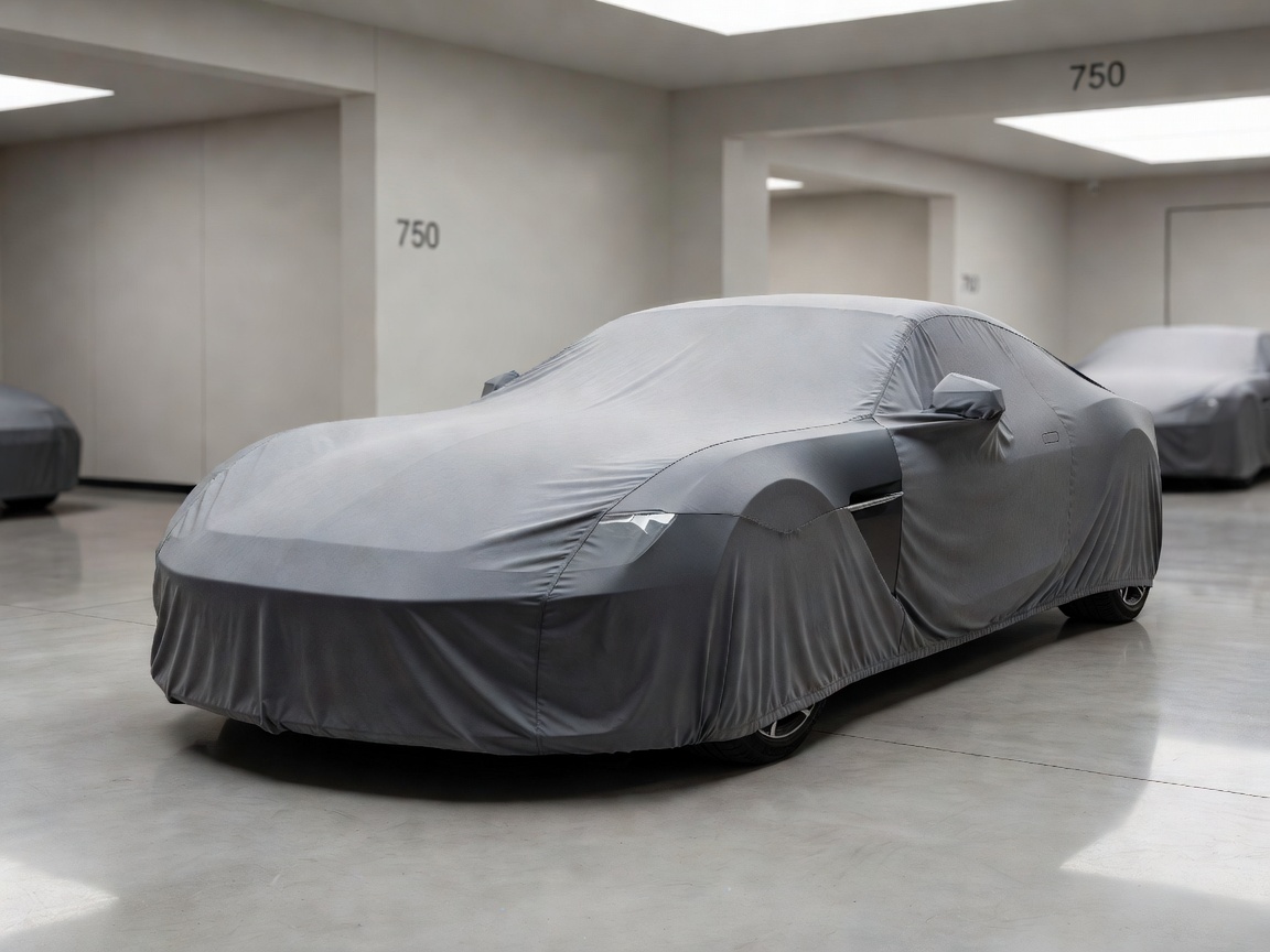 Premium vehicle under a breathable cover in a private storage bay