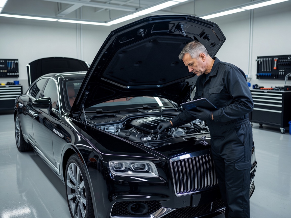 Technician inspecting a premium car in a clean maintenance bay